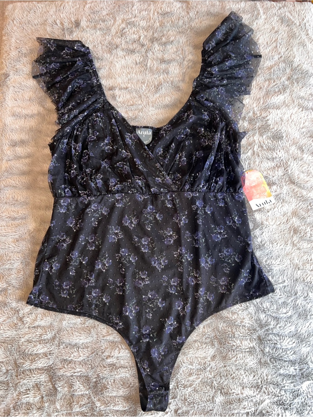 ARULA Black Floral Ruffle-Shoulder Bodysuit with Floral Accents